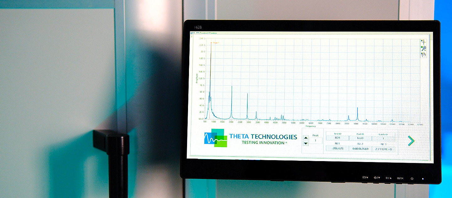 Nonlinear resonance results data displayed on the screen of Theta Technologies' RD1-TT non-destructive testing machine.